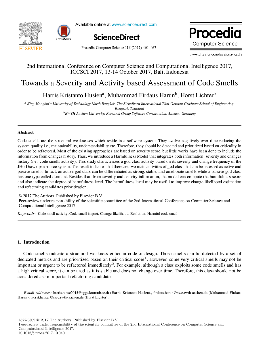 Towards a Severity and Activity based Assessment of Code Smells