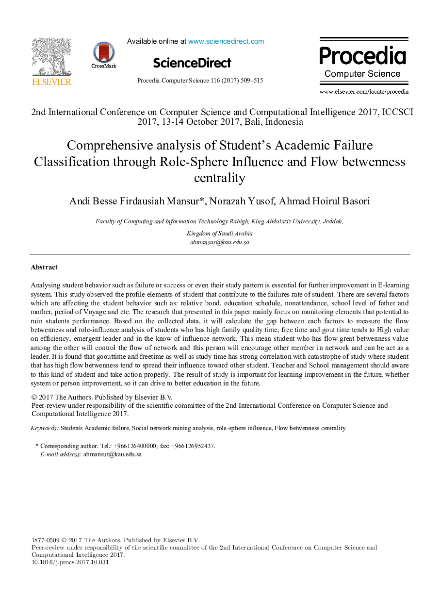 Comprehensive analysis of Student's Academic Failure Classification through Role-Sphere Influence and Flow betwenness centrality