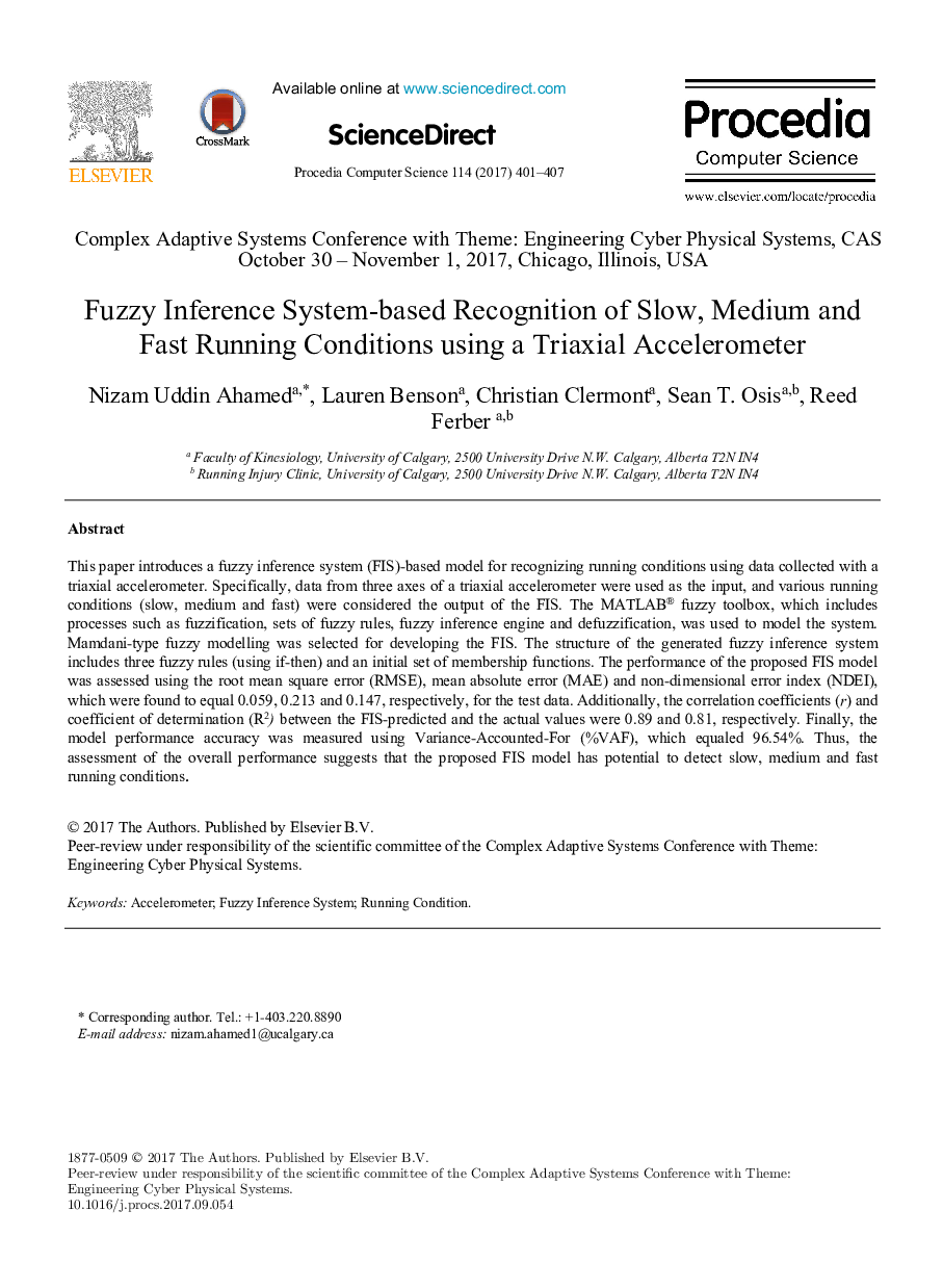 Fuzzy Inference System-based Recognition of Slow, Medium and Fast Running Conditions using a Triaxial Accelerometer