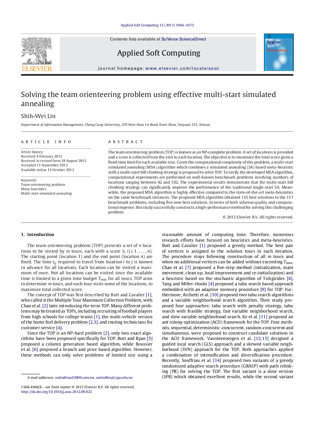 Solving the team orienteering problem using effective multi-start simulated annealing