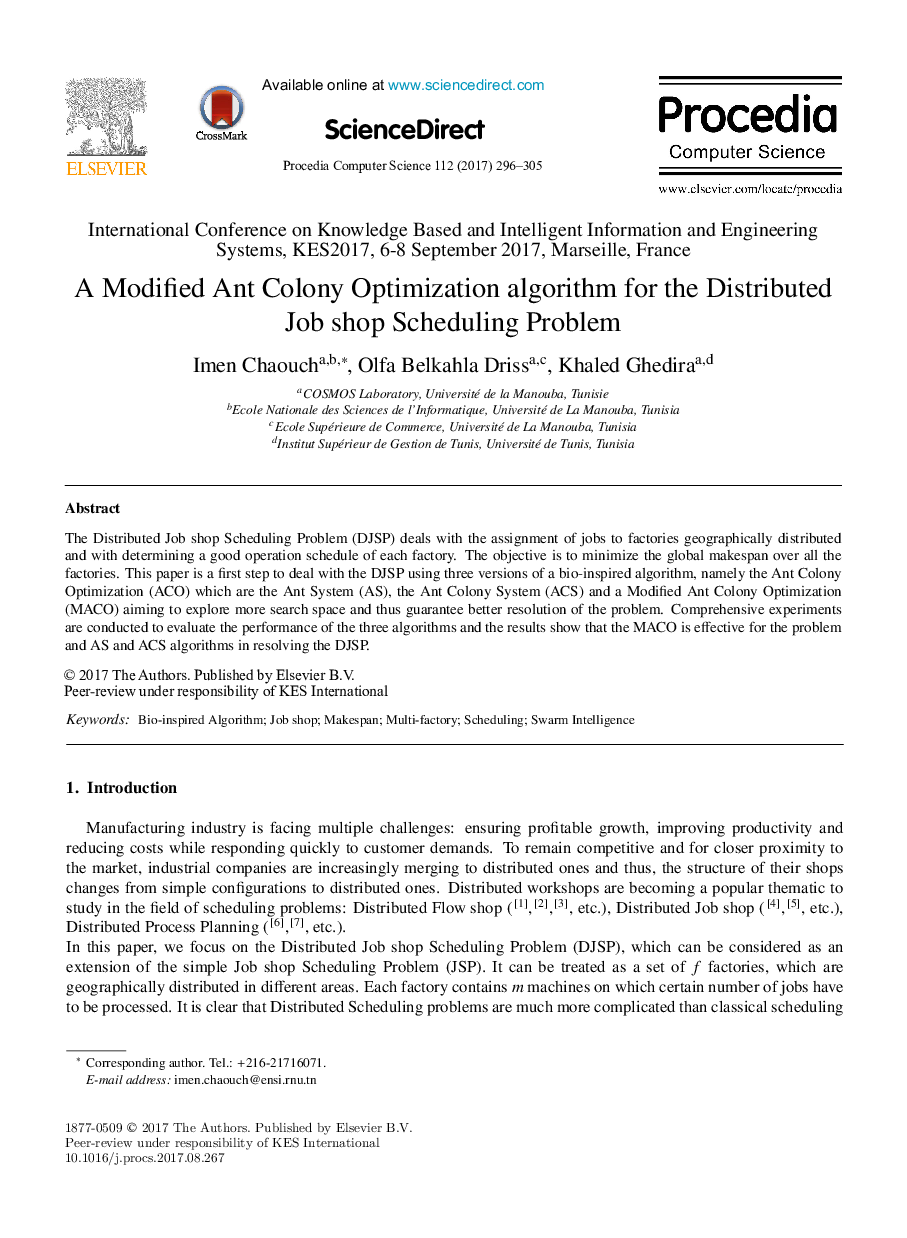 A Modified Ant Colony Optimization algorithm for the Distributed Job shop Scheduling Problem