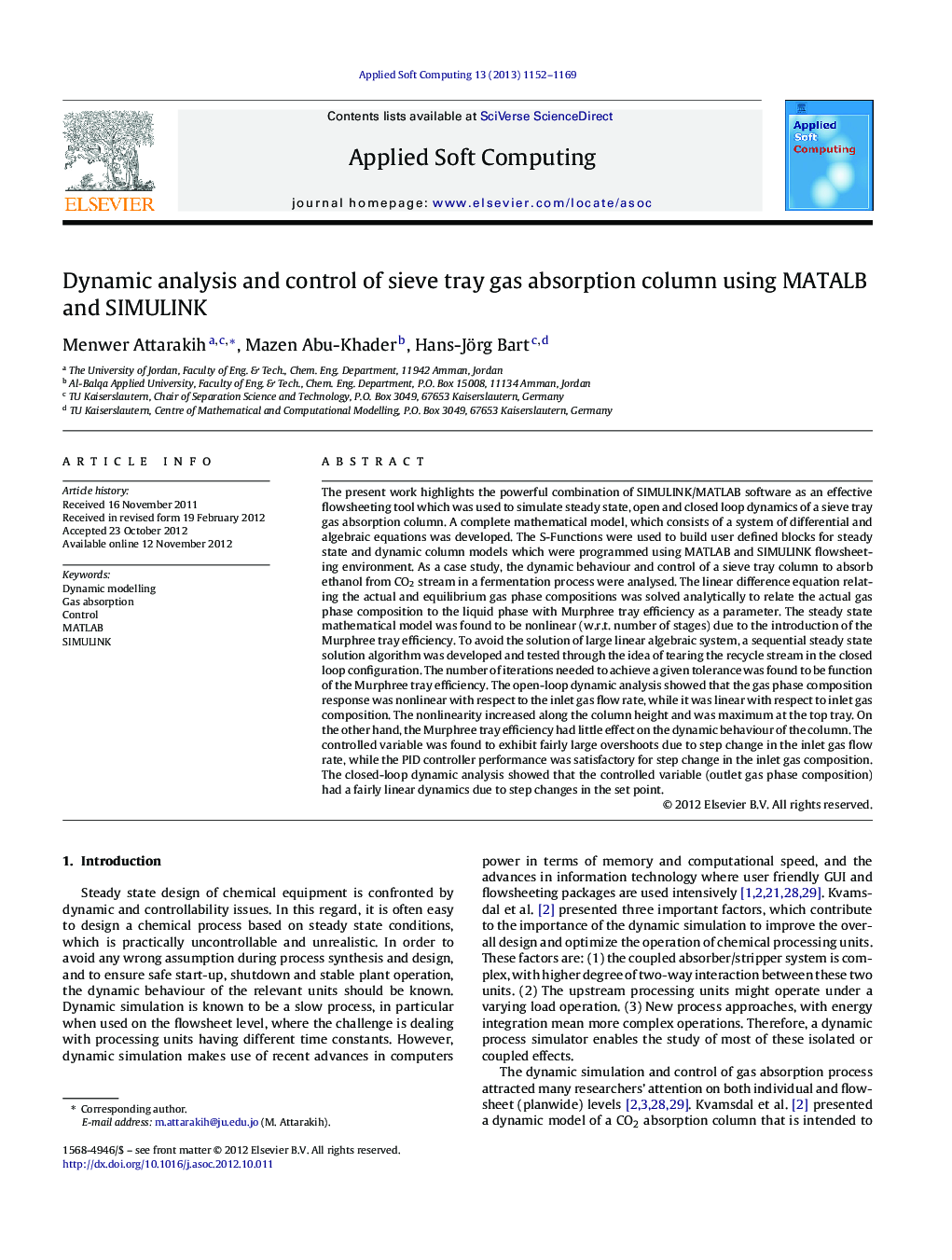 Dynamic analysis and control of sieve tray gas absorption column using MATALB and SIMULINK