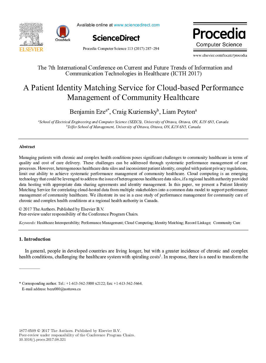 A Patient Identity Matching Service for Cloud-based Performance Management of Community Healthcare