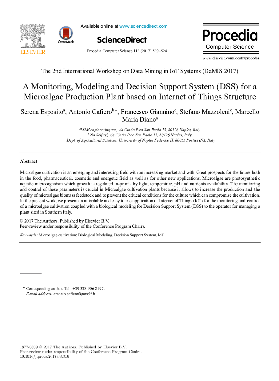 A Monitoring, Modeling and Decision Support System (DSS) for a Microalgae Production Plant based on Internet of Things Structure