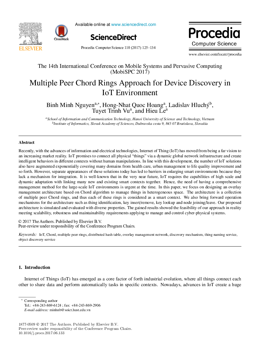 Multiple Peer Chord Rings Approach for Device Discovery in IoT Environment