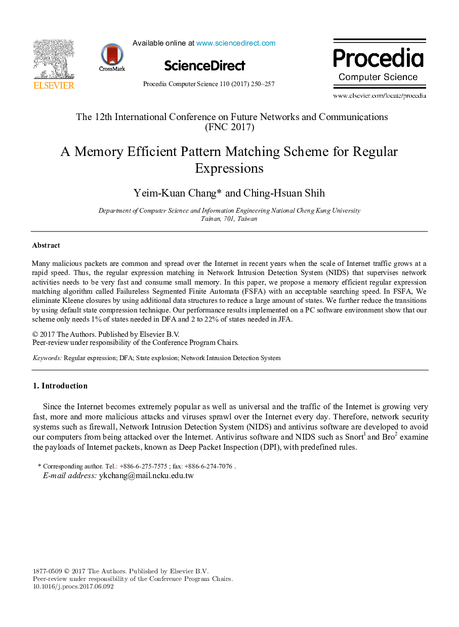 A Memory Efficient Pattern Matching Scheme for Regular Expressions