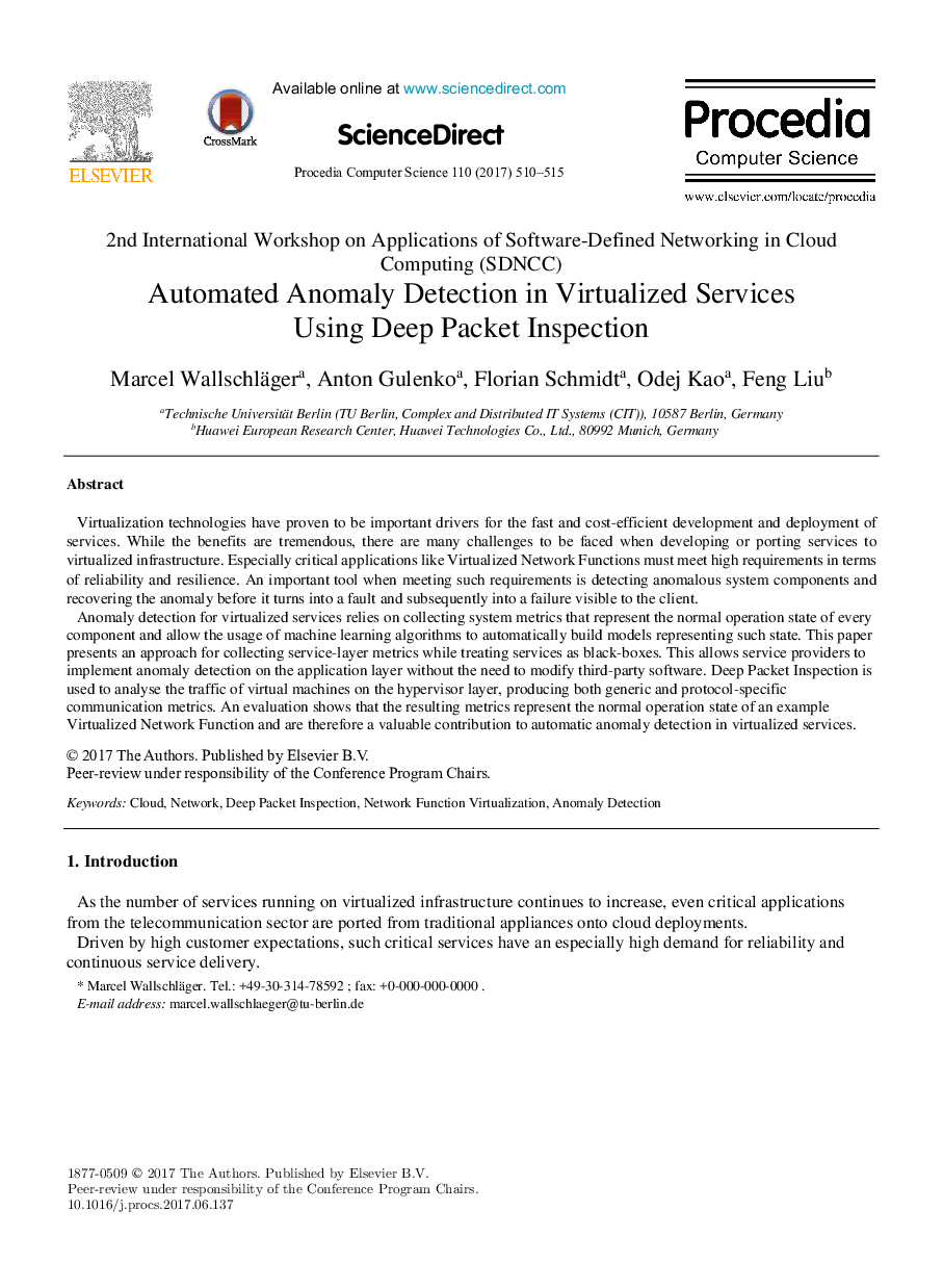 Automated Anomaly Detection in Virtualized Services Using Deep Packet Inspection