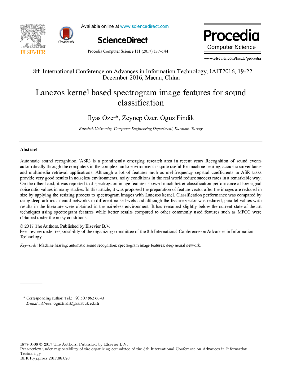 Lanczos kernel based spectrogram image features for sound classification