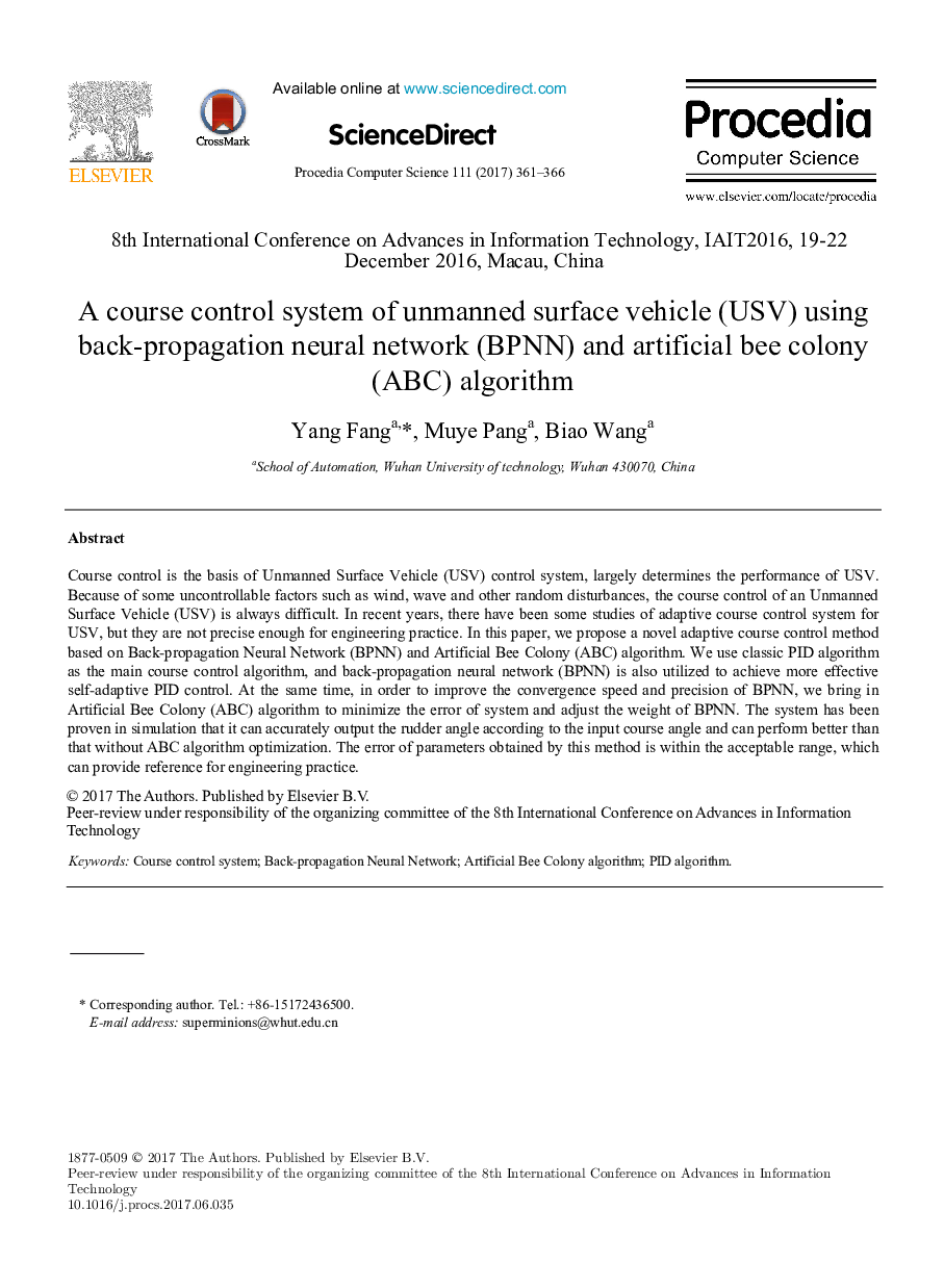 A course control system of unmanned surface vehicle (USV) using back-propagation neural network (BPNN) and artificial bee colony (ABC) algorithm