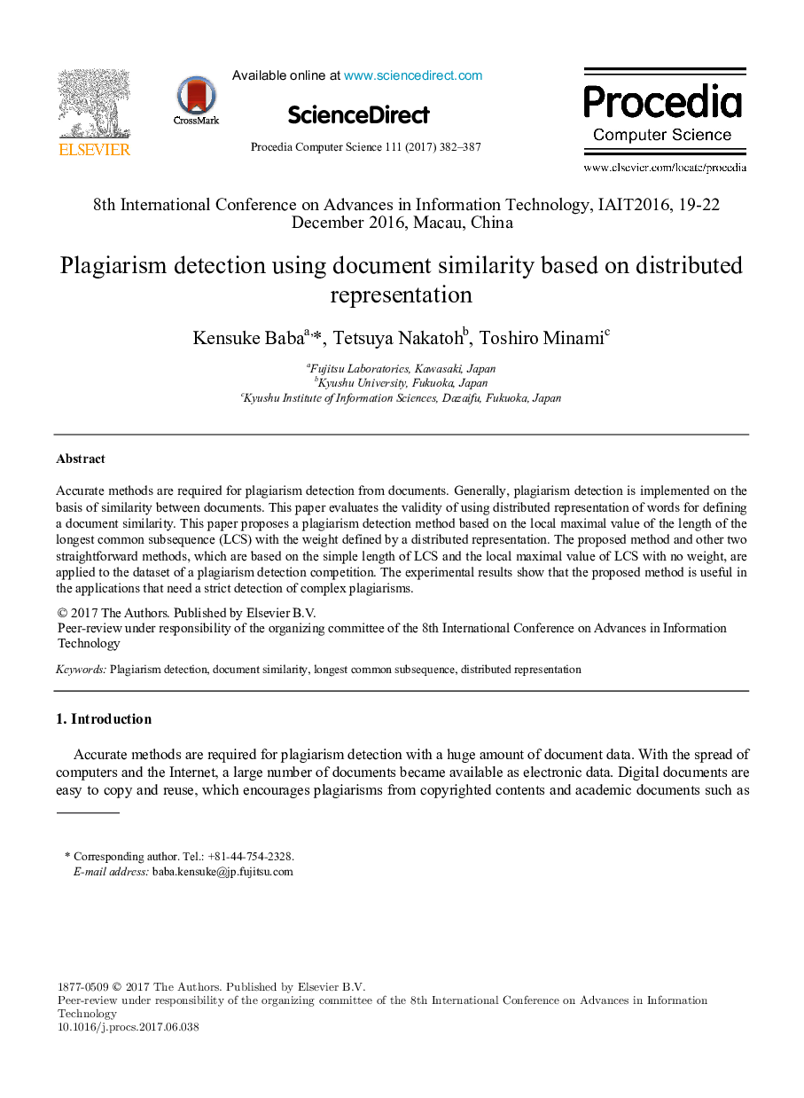 Plagiarism detection using document similarity based on distributed representation