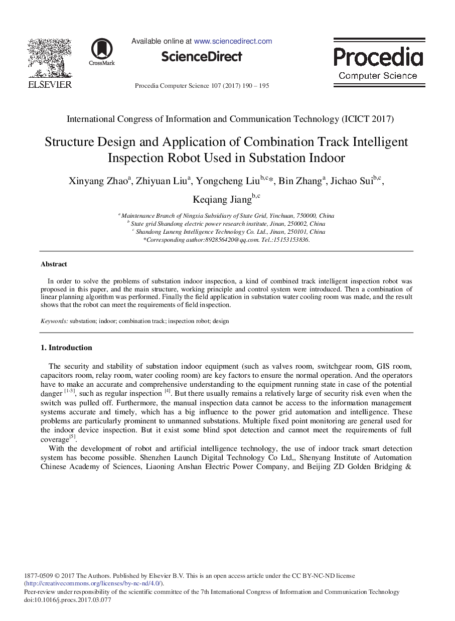 Structure Design and Application of Combination Track Intelligent Inspection Robot Used in Substation Indoor