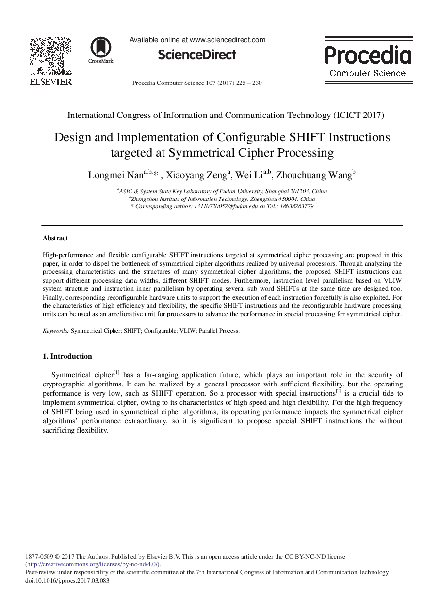 Design and Implementation of Configurable SHIFT Instructions Targeted at Symmetrical Cipher Processing