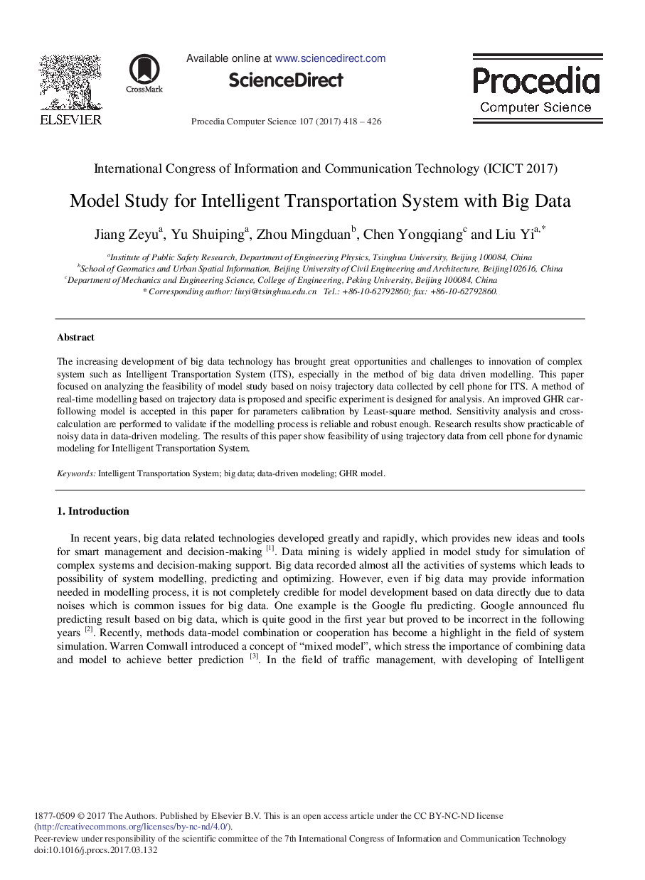 Model Study for Intelligent Transportation System with Big Data