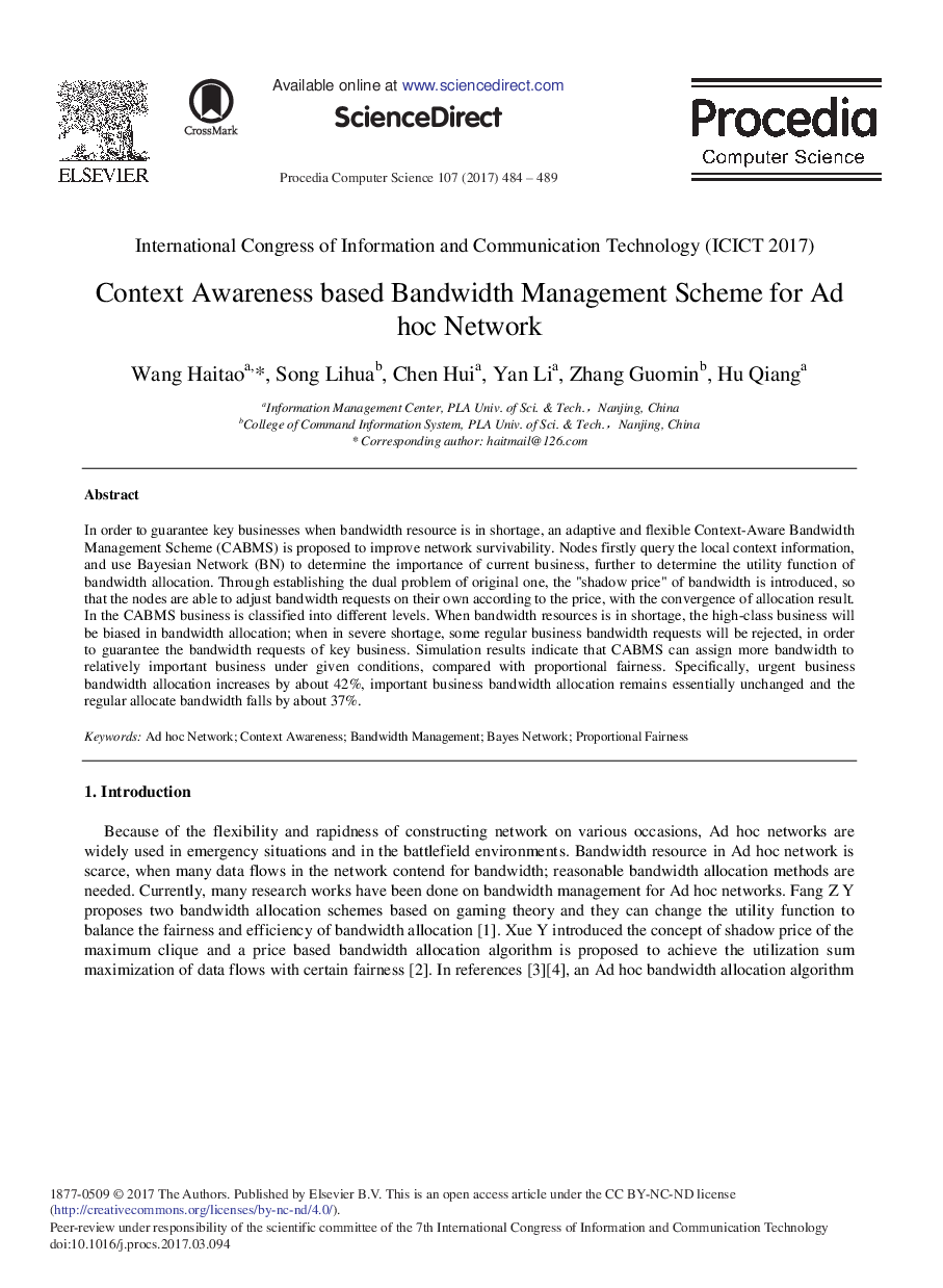 Context Awareness Based Bandwidth Management Scheme for Ad hoc Network