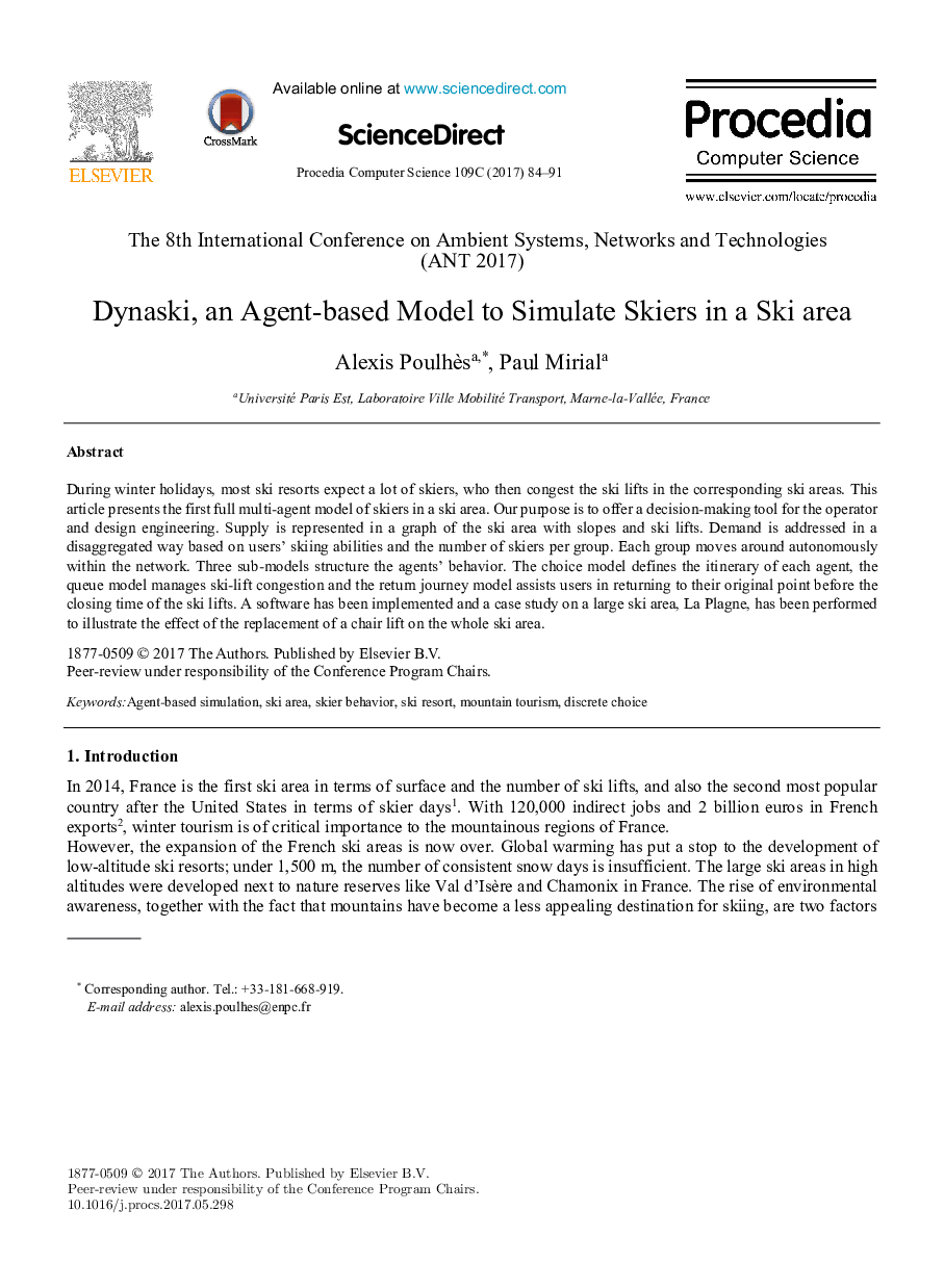 Dynaski, an Agent-based Model to Simulate Skiers in a Ski area