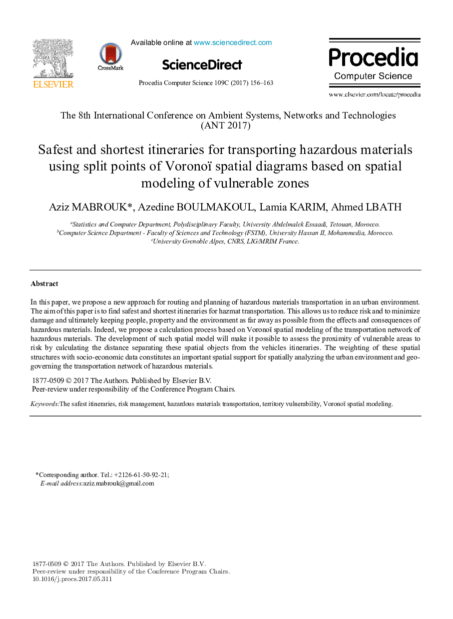 Safest and shortest itineraries for transporting hazardous materials using split points of Voronoï spatial diagrams based on spatial modeling of vulnerable zones