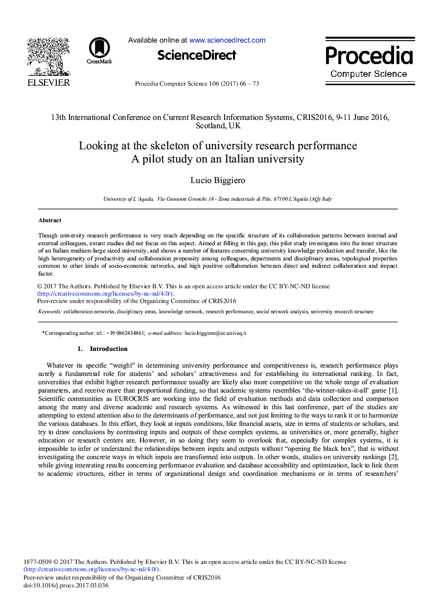 Looking at the Skeleton of University Research Performance A Pilot Study on an Italian University