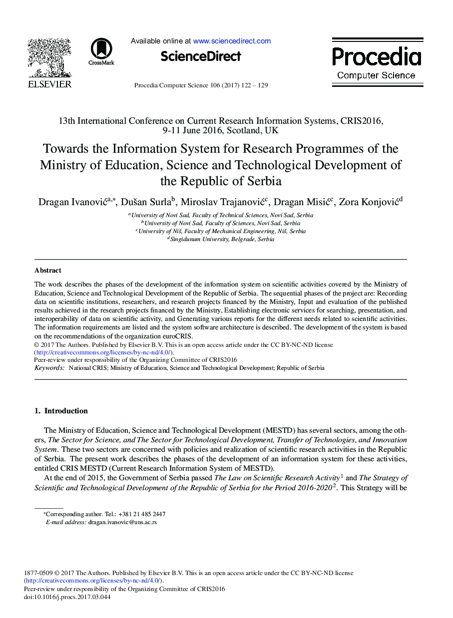 Towards the Information System for Research Programmes of the Ministry of Education, Science and Technological Development of the Republic of Serbia