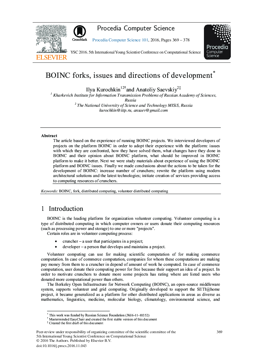 BOINC Forks, Issues and Directions of Development1