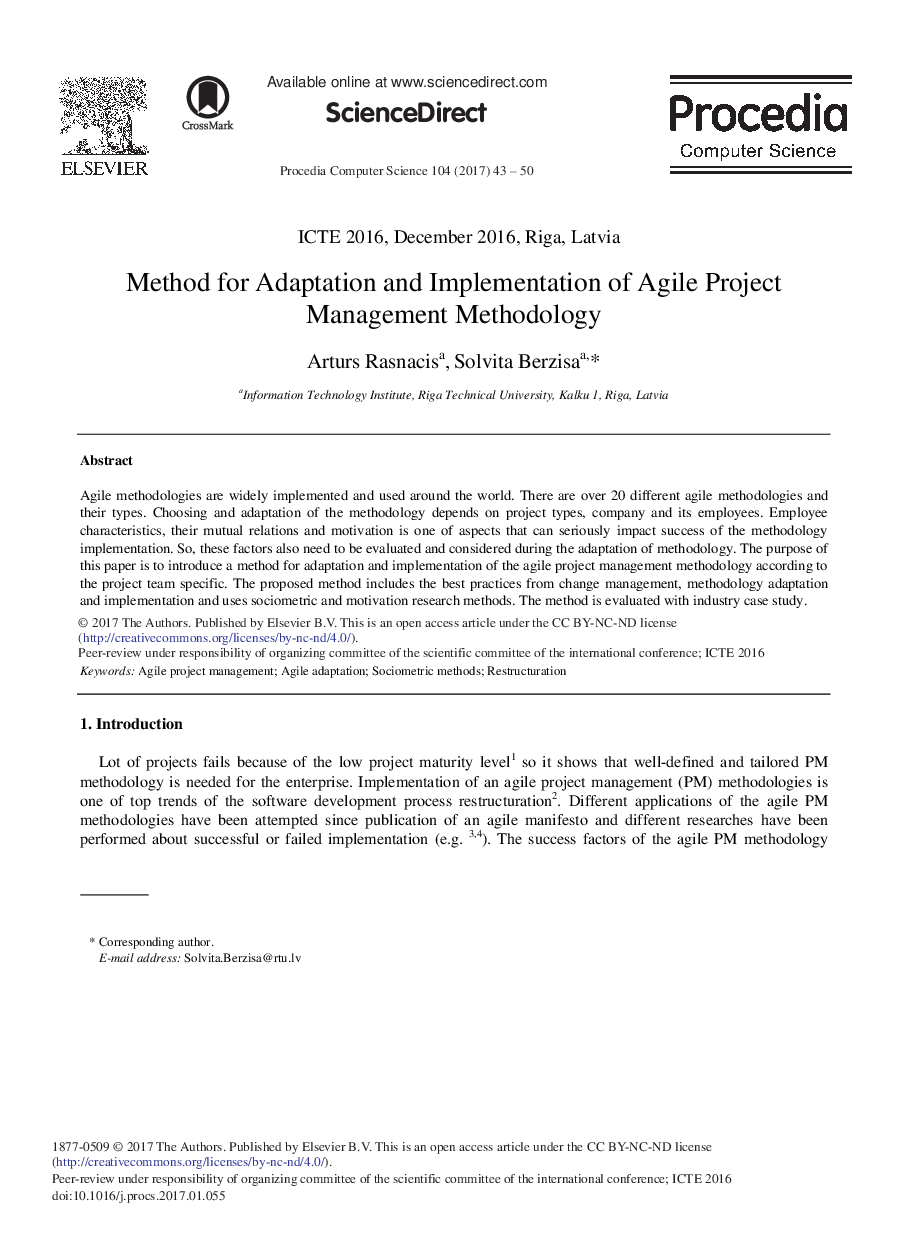 Method for Adaptation and Implementation of Agile Project Management Methodology