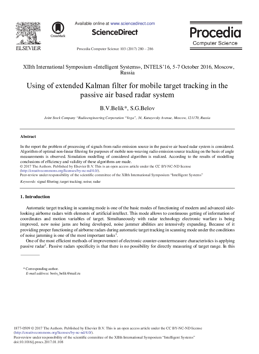 Using of Extended Kalman Filter for Mobile Target Tracking in the Passive Air Based Radar System