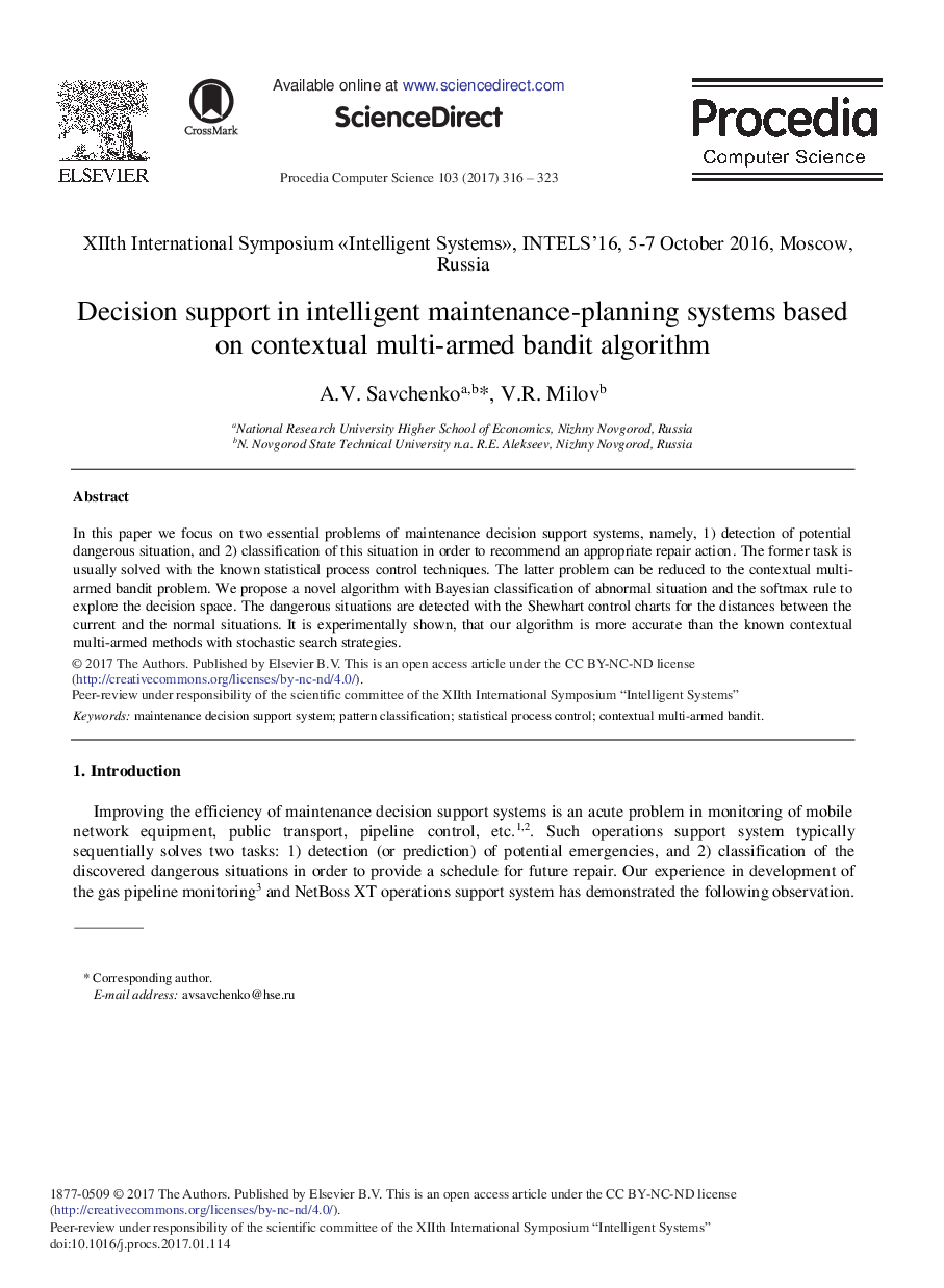 Decision Support in Intelligent Maintenance-planning Systems Based on Contextual Multi-armed Bandit Algorithm