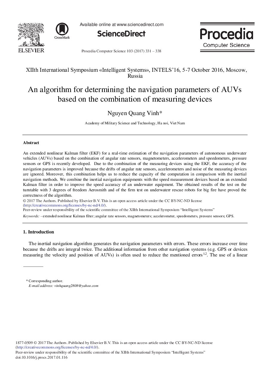 An Algorithm for Determining the Navigation Parameters of AUVs Based on the Combination of Measuring Devices