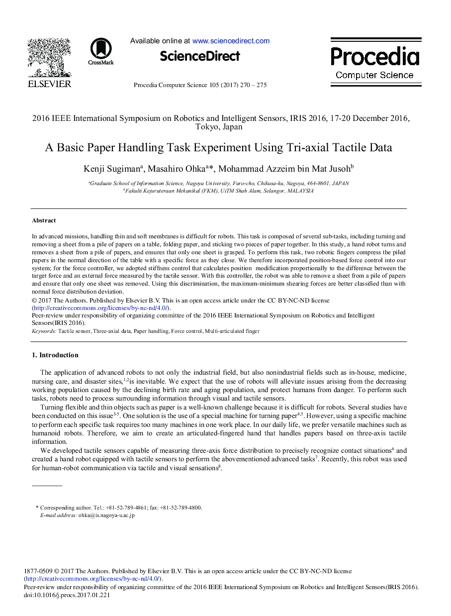 A Basic Paper Handling Task Experiment Using Tri-axial Tactile Data