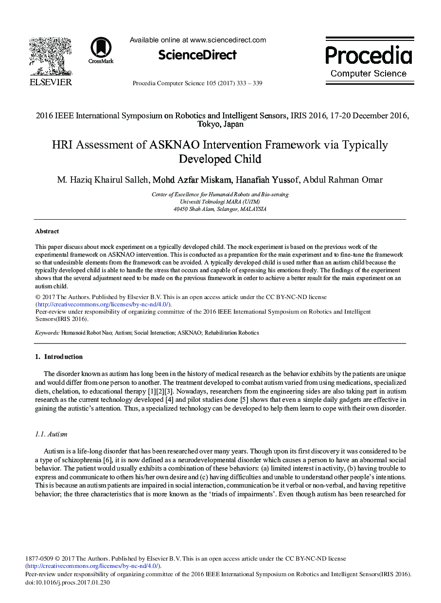 عکس صفحه اول مقاله: HRI Assessment of ASKNAO Intervention Framework via Typically Developed Child HRI Assessment of ASKNAO Intervention Framework via Typically Developed Child