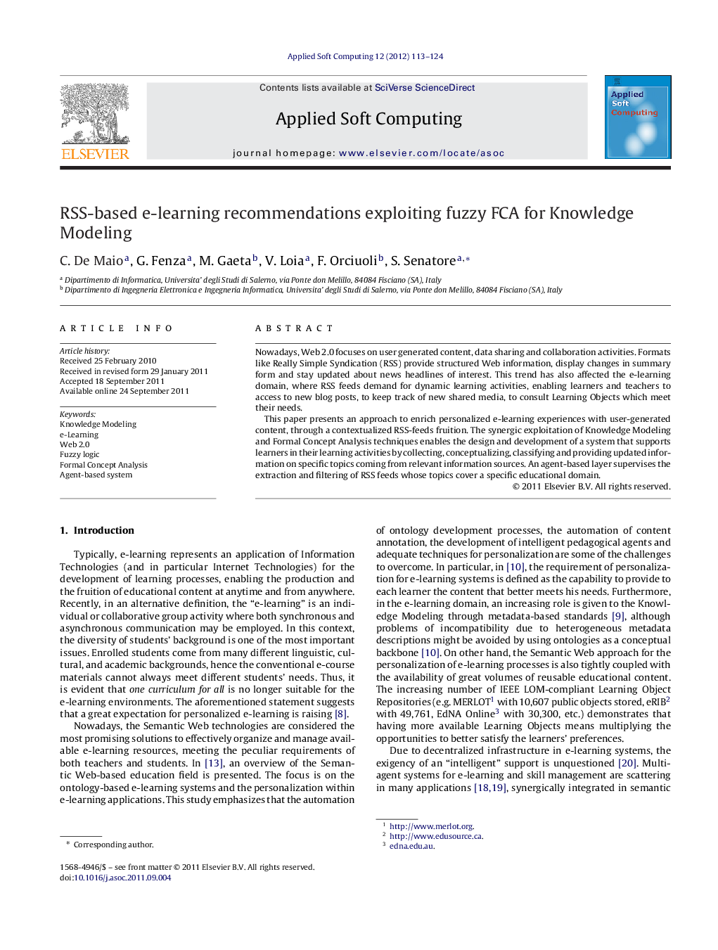 RSS-based e-learning recommendations exploiting fuzzy FCA for Knowledge Modeling