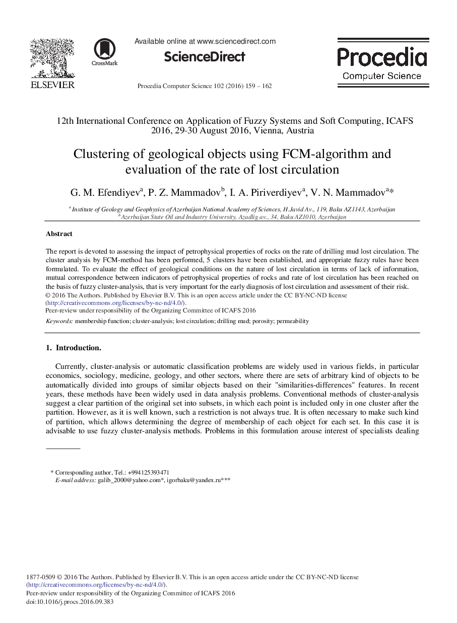 Clustering of Geological Objects Using FCM-algorithm and Evaluation of the Rate of Lost Circulation