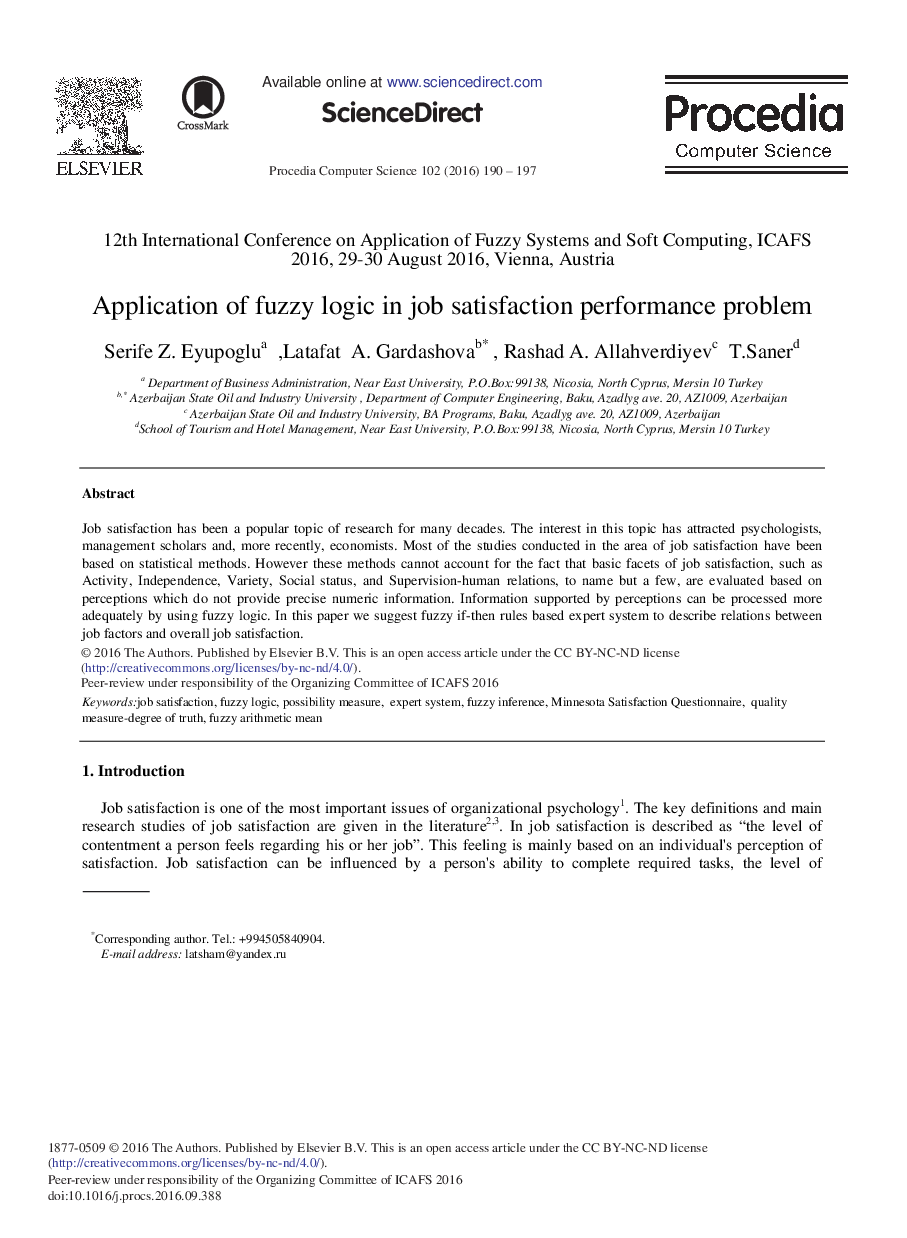 Application of Fuzzy Logic in Job Satisfaction Performance Problem