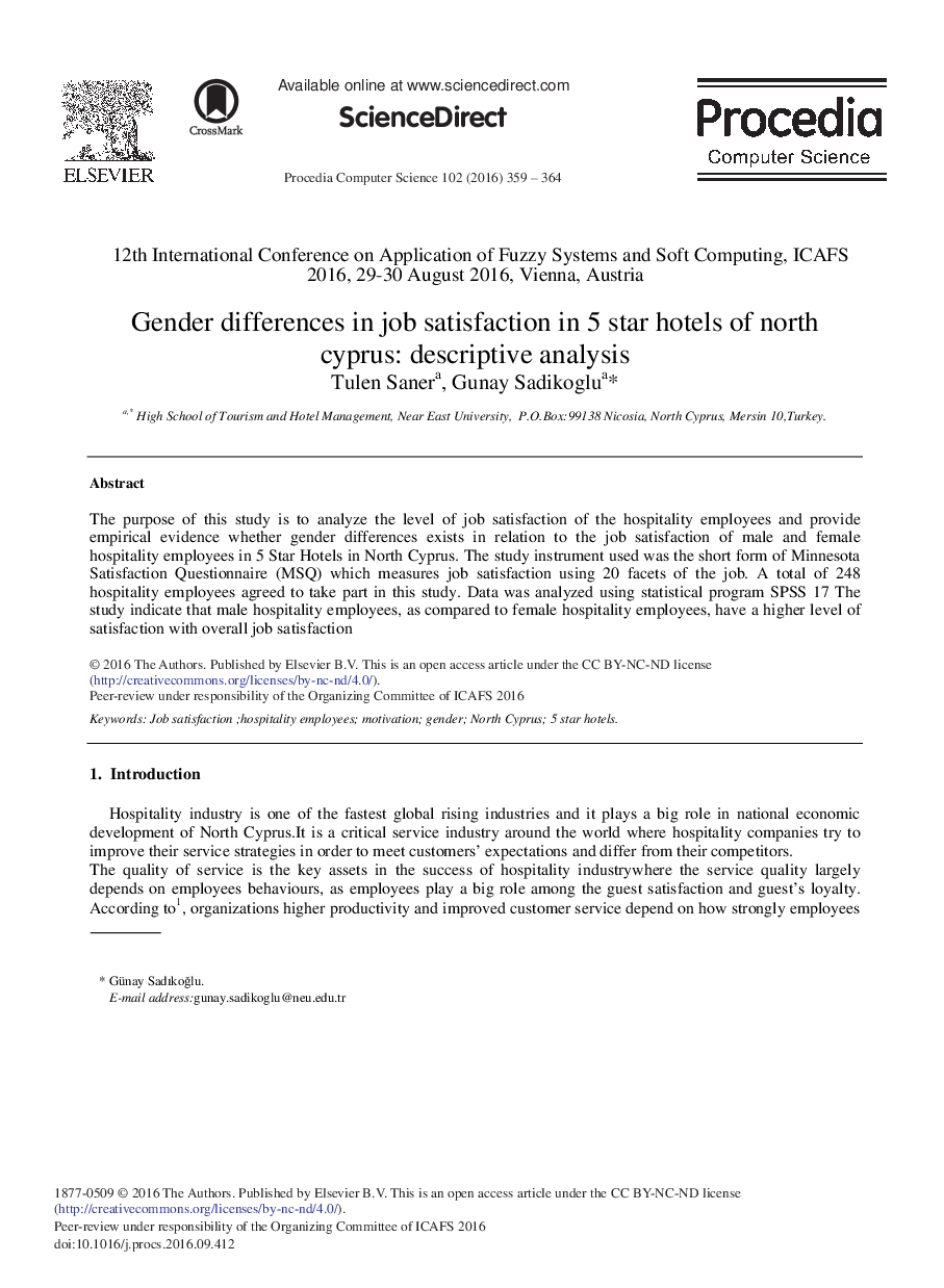 Gender Differences in Job Satisfaction in 5 Star Hotels of North Cyprus: Descriptive Analysis