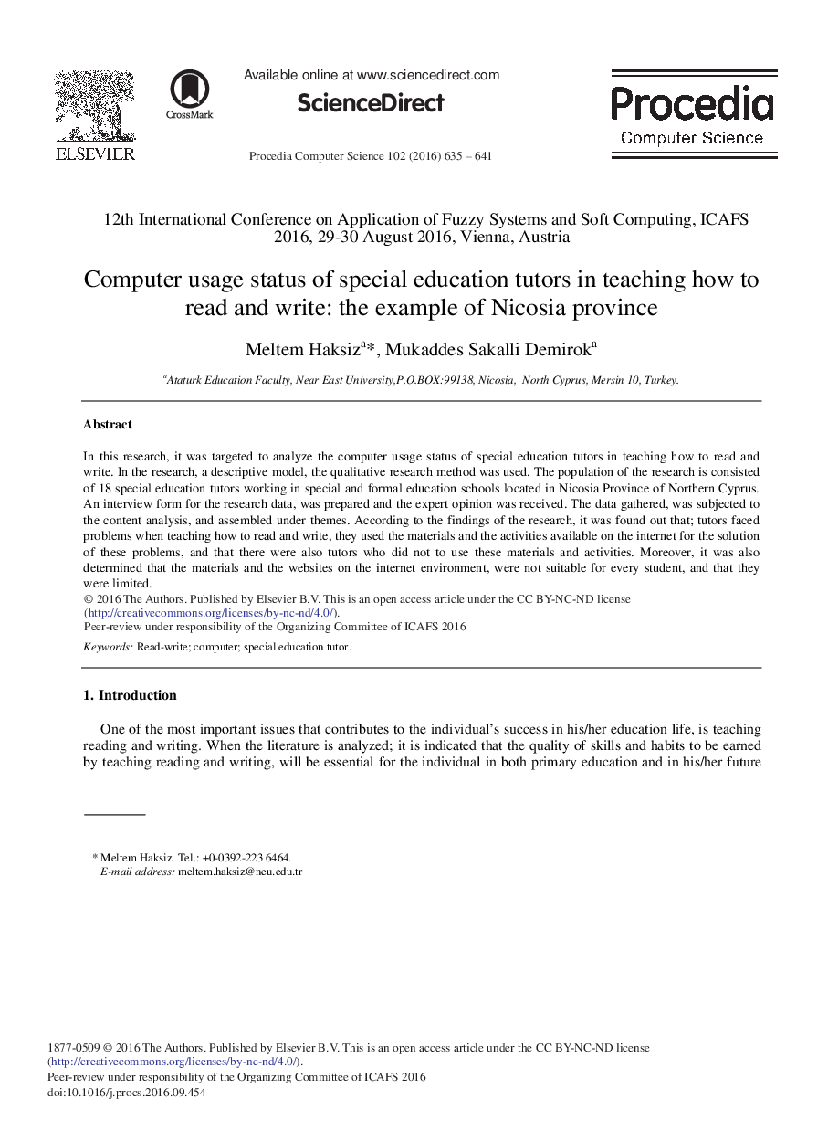 وضعیت استفاده از کامپیوتر از معلمان آموزش ویژه در آموزش نحوه خواندن و نوشتن: نمونه ای از استان نیکوزیا 