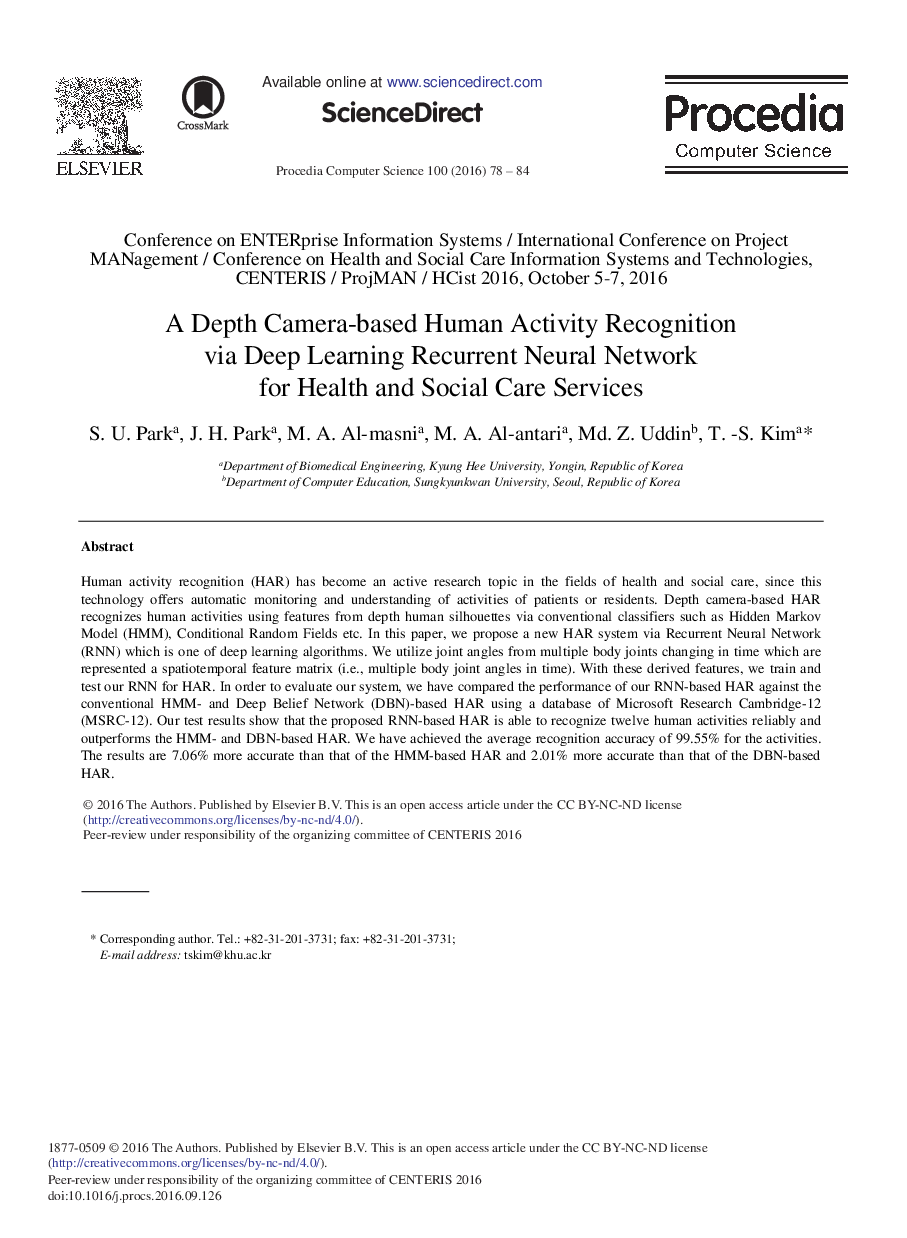 A Depth Camera-based Human Activity Recognition via Deep Learning Recurrent Neural Network for Health and Social Care Services