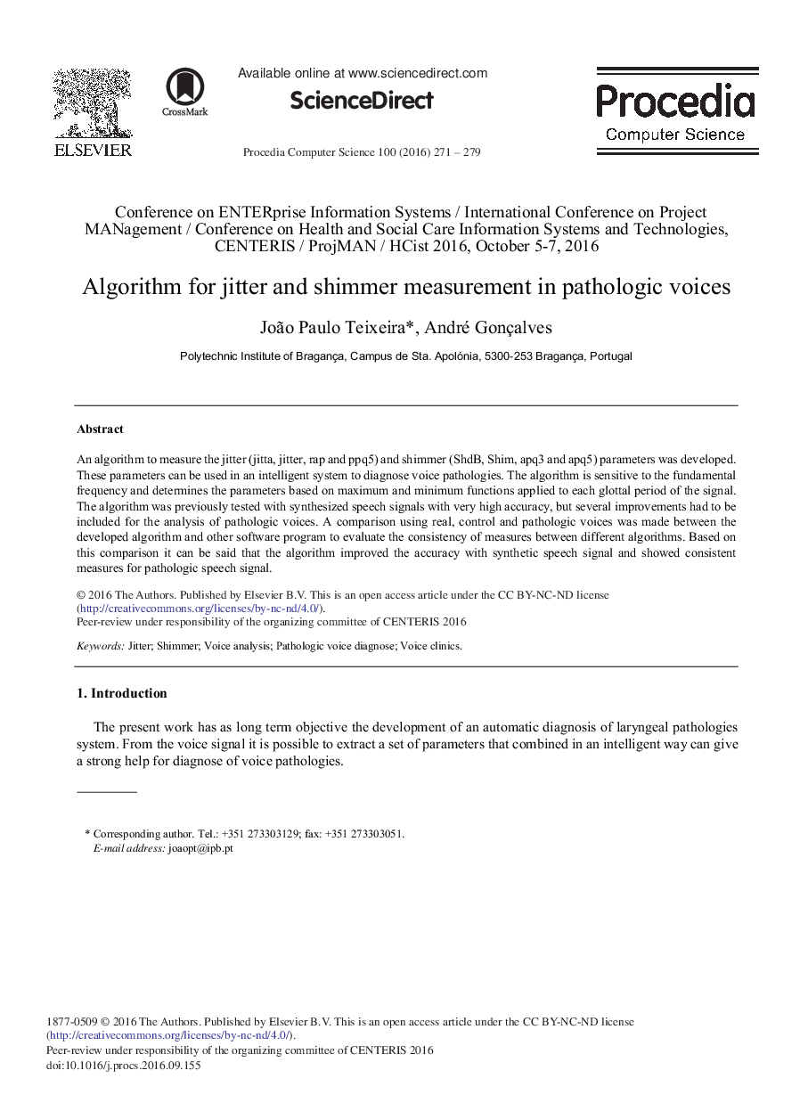 Algorithm for Jitter and Shimmer Measurement in Pathologic Voices