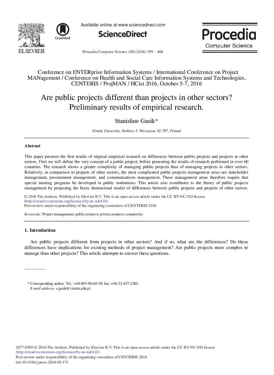 Are Public Projects Different than Projects in other Sectors? Preliminary Results of Empirical Research