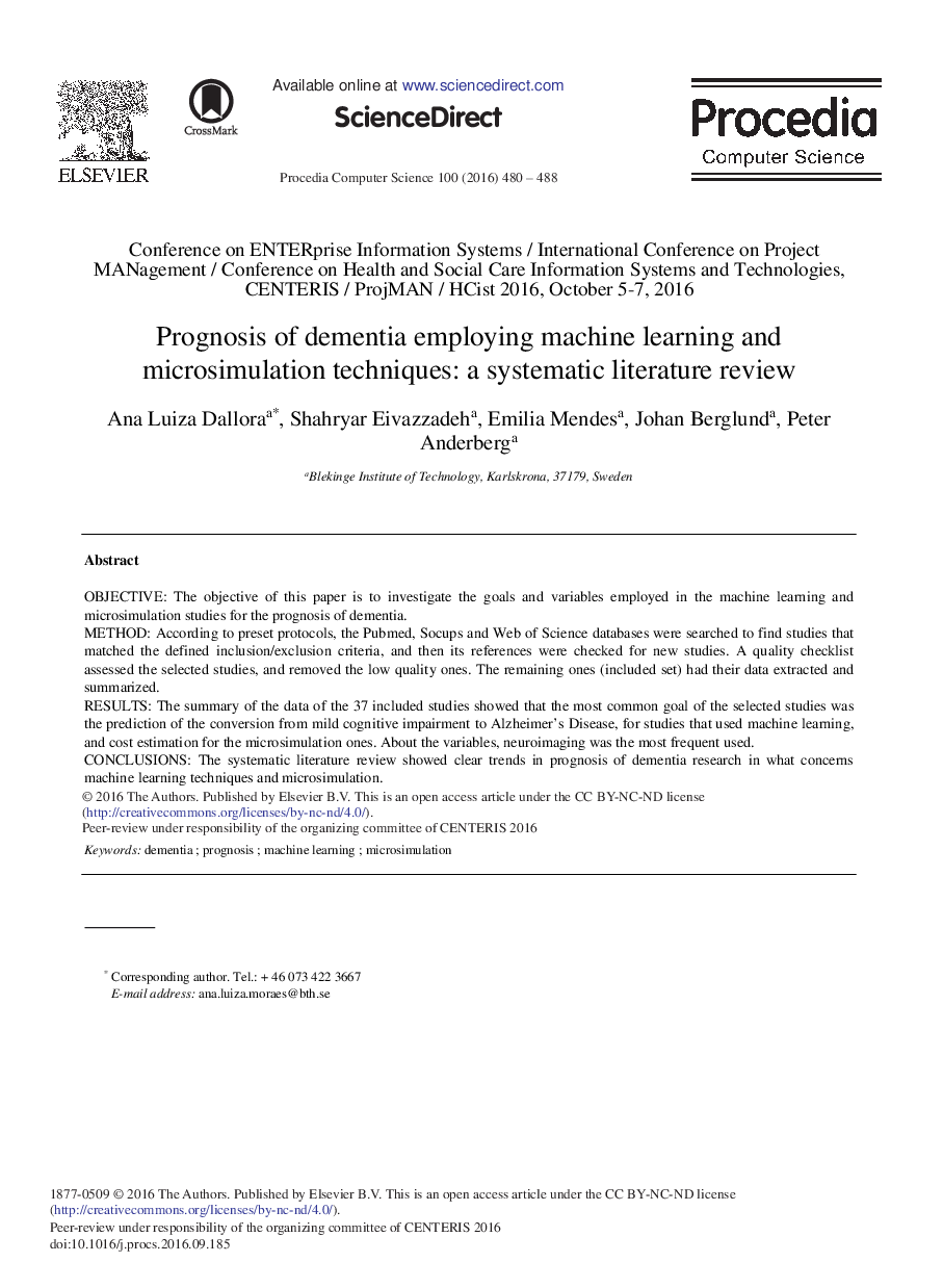 Prognosis of Dementia Employing Machine Learning and Microsimulation Techniques: A Systematic Literature Review