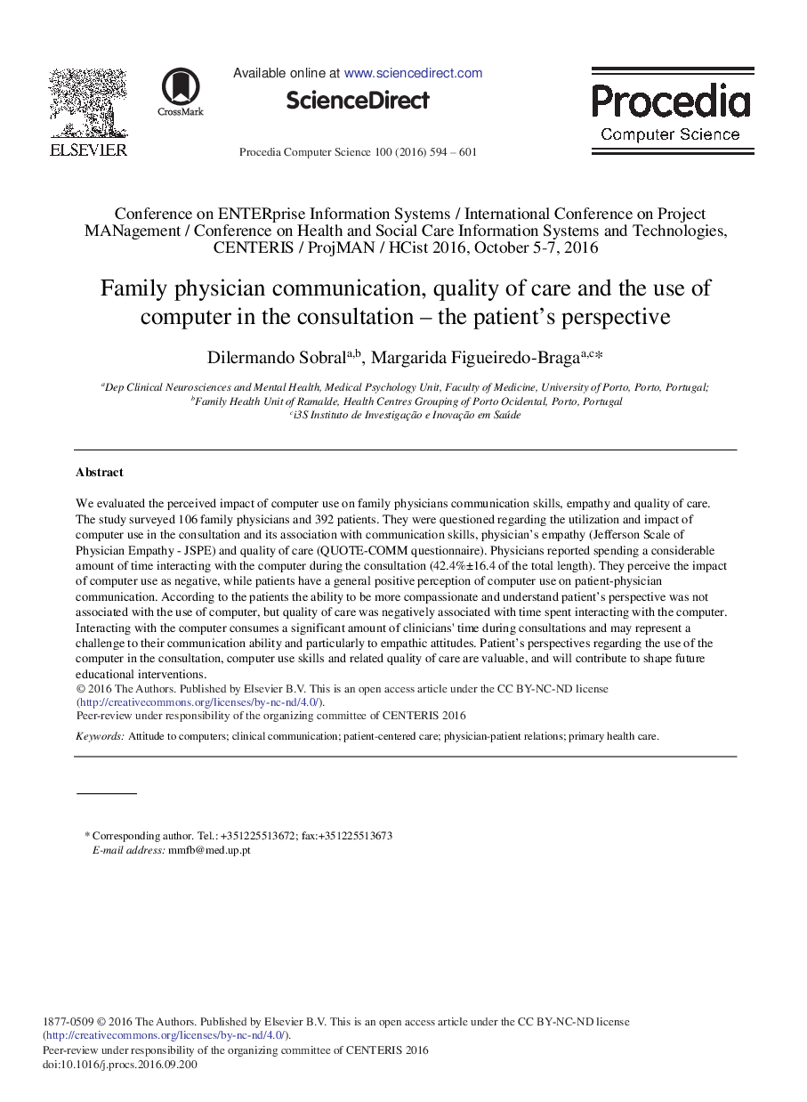 Family Physician Communication, Quality of Care and the use of Computer in the Consultation - The Patient's Perspective