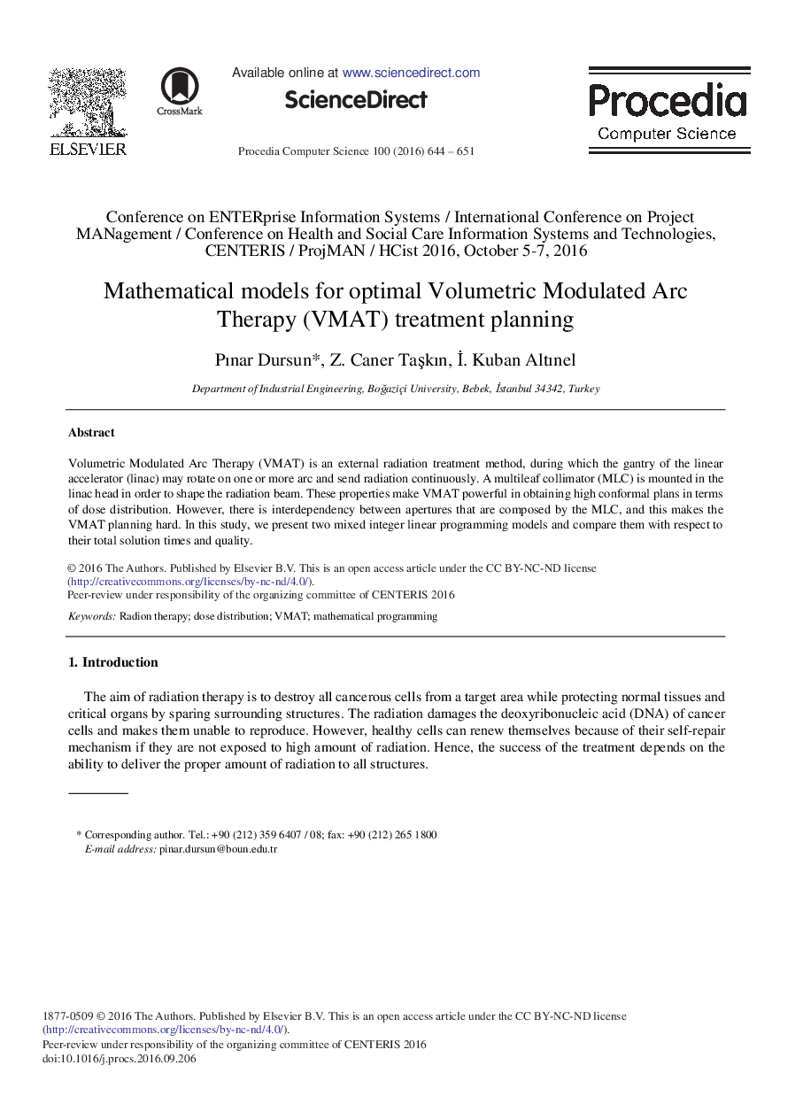 Mathematical Models for Optimal Volumetric Modulated Arc Therapy (VMAT) Treatment Planning