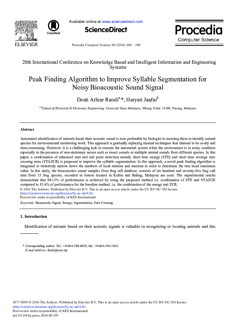 Peak Finding Algorithm to Improve Syllable Segmentation for Noisy Bioacoustic Sound Signal