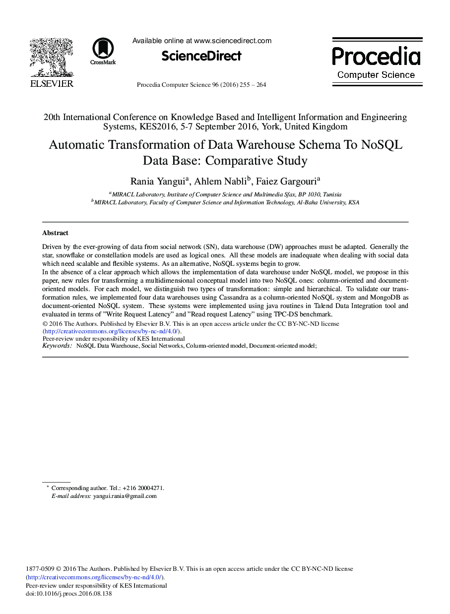 Automatic Transformation of Data Warehouse Schema to NoSQL Data Base: Comparative Study