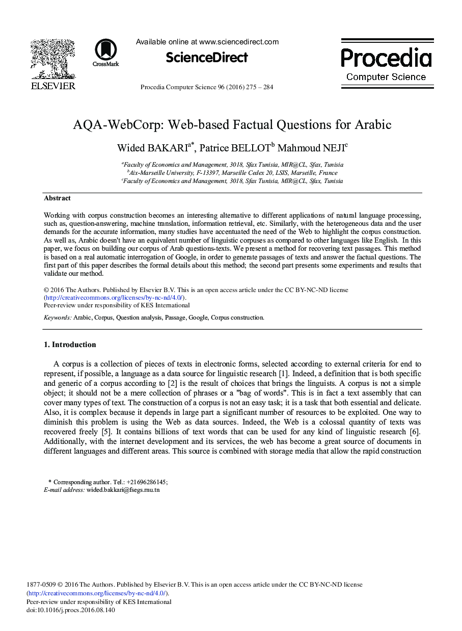 AQA-WebCorp: Web-based Factual Questions for Arabic