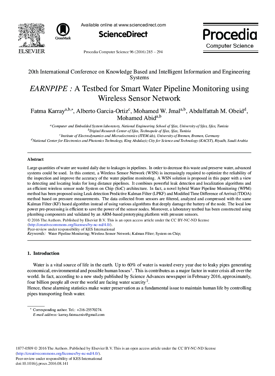 EARNPIPE: A Testbed for Smart Water Pipeline Monitoring Using Wireless Sensor Network