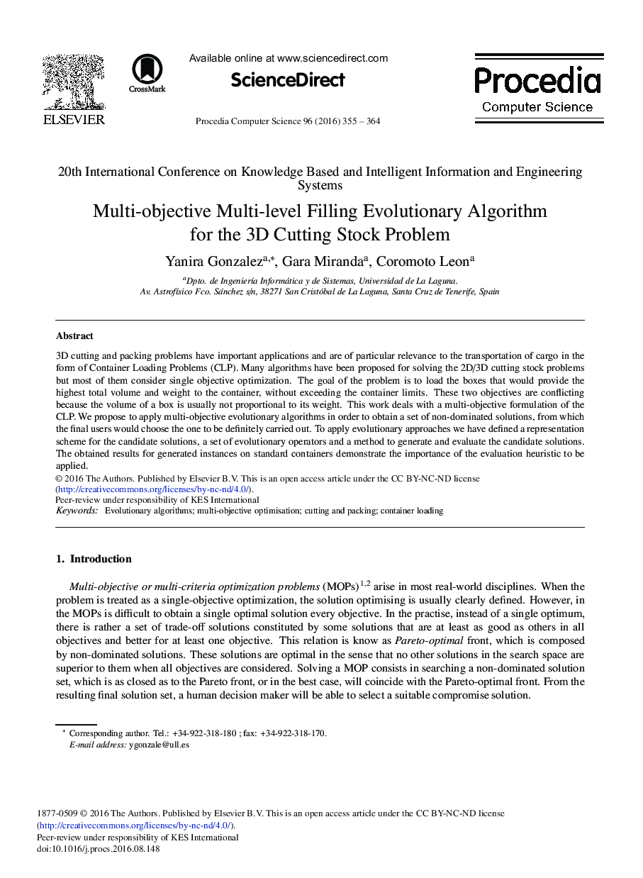 Multi-objective Multi-level Filling Evolutionary Algorithm for the 3D Cutting Stock Problem