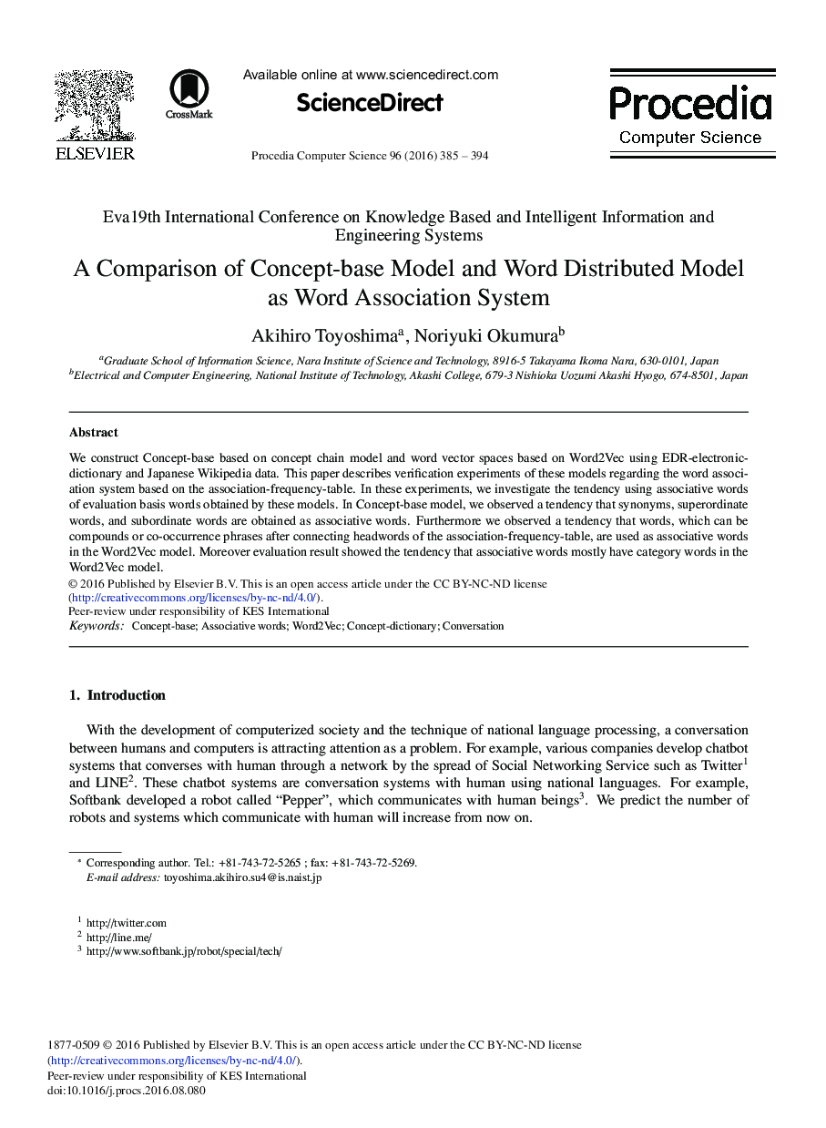 A Comparison of Concept-base Model and Word Distributed Model as Word Association System