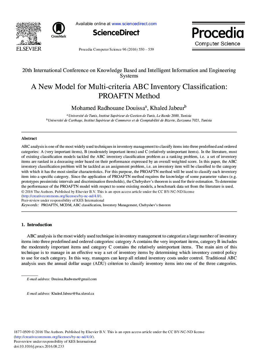 A New Model for Multi-criteria ABC Inventory Classification: PROAFTN Method