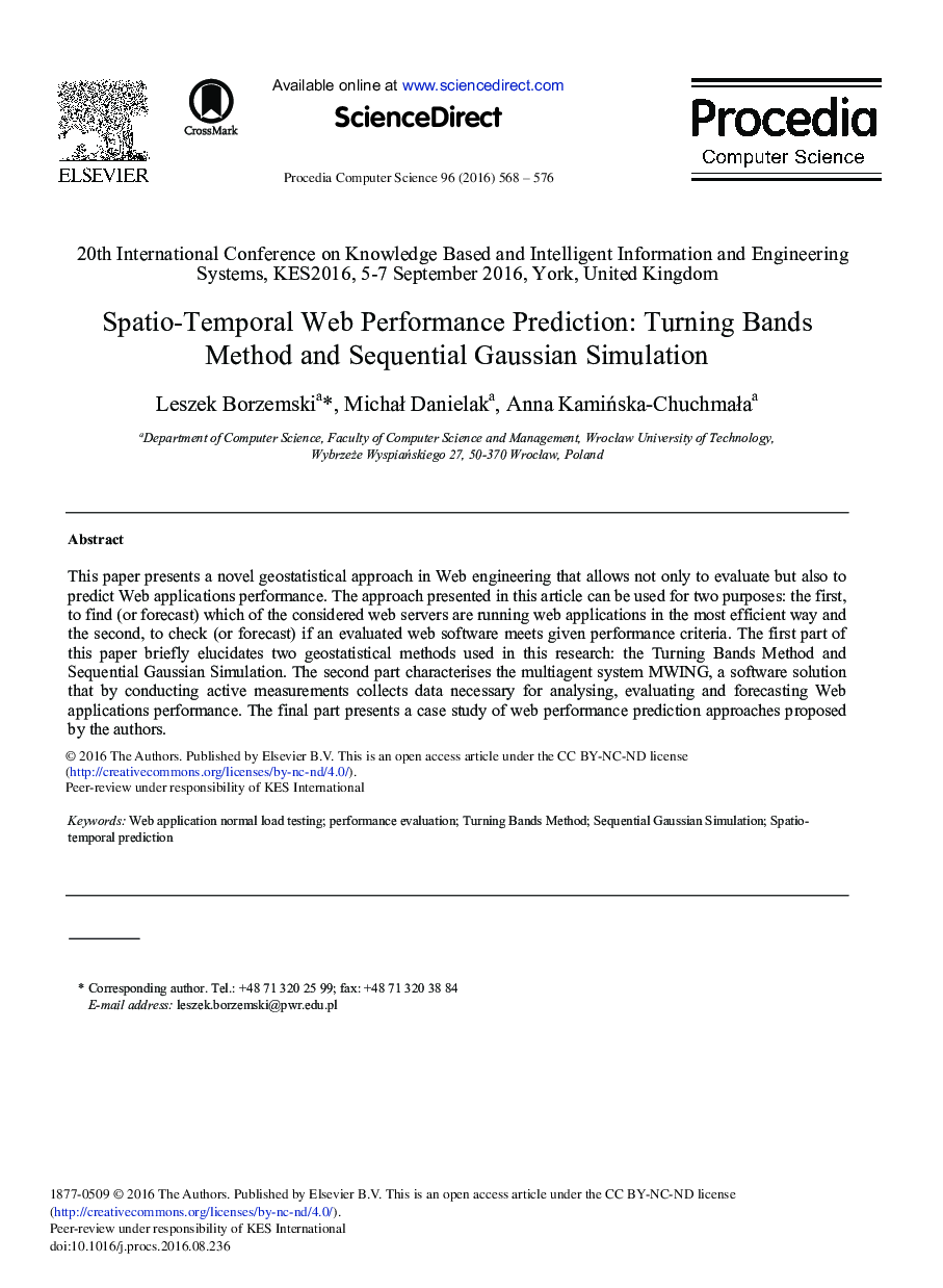 Spatio-temporal Web Performance Prediction: Turning Bands Method and Sequential Gaussian Simulation