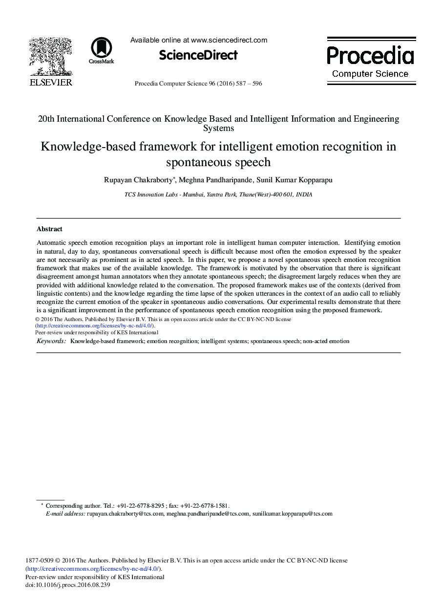 Knowledge-based Framework for Intelligent Emotion Recognition in Spontaneous Speech