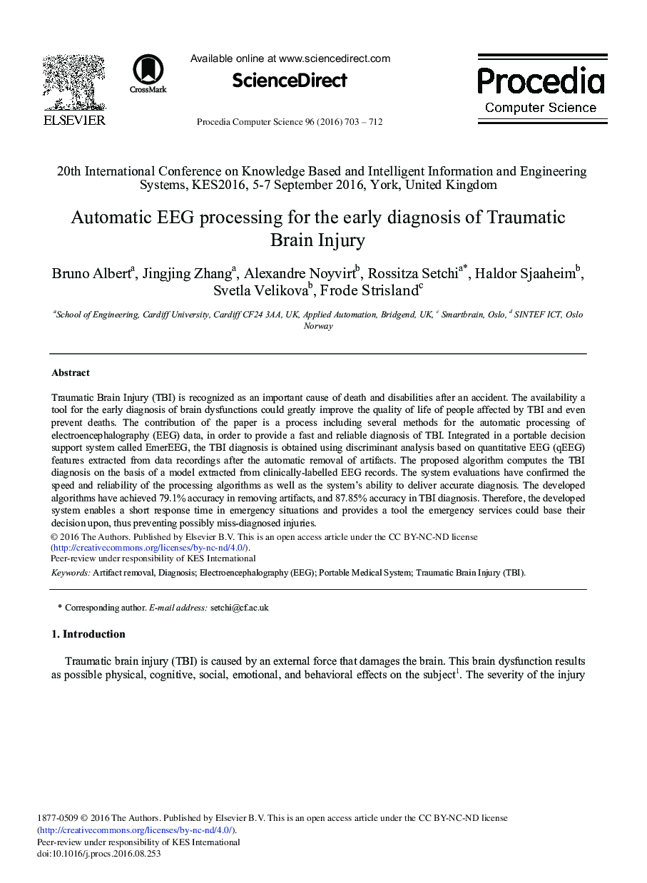 Automatic EEG Processing for the Early Diagnosis of Traumatic Brain Injury